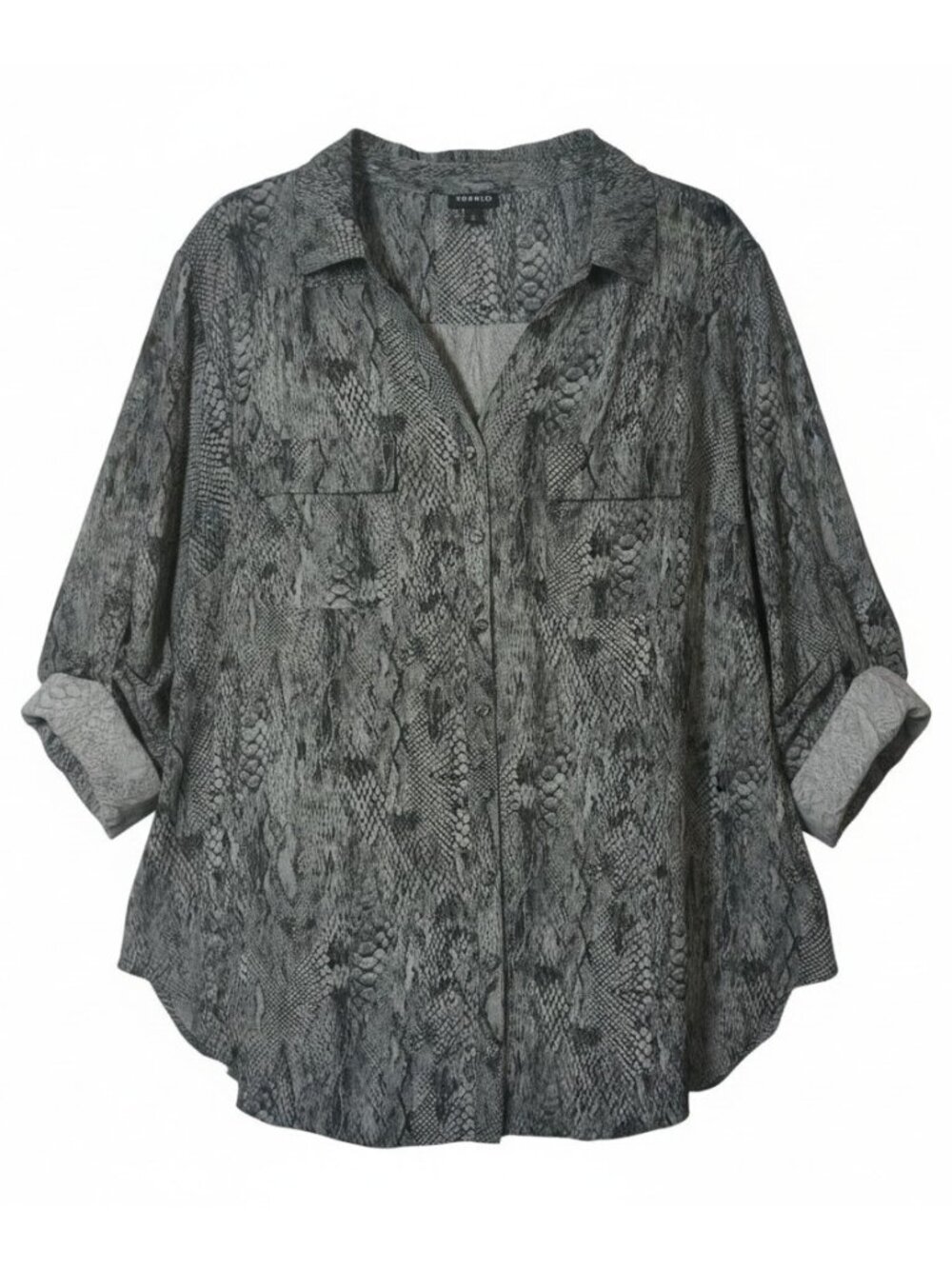 Torrid 2X Button Up Shirt 3/4 Sleeves Gray Snake Print Chest Pockets